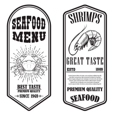 Karides ve yengeç resimli deniz ürünleri broşürleri. Poster, afiş, işaret, amblem için tasarım elemanı. Vektör illüstrasyonu