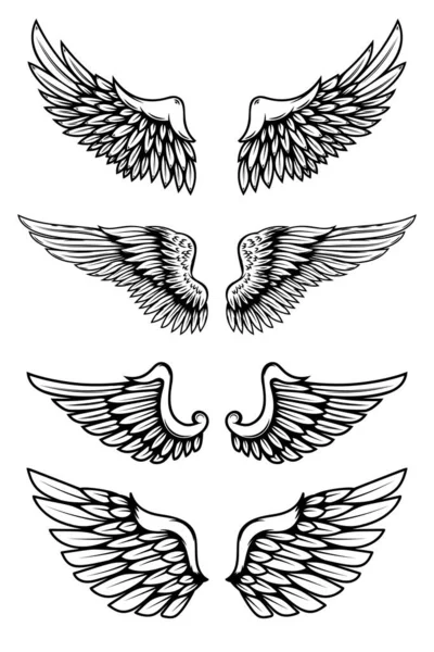 Σύνολο Απεικονίσεων Φτερών Στυλ Τατουάζ Που Απομονώνονται Λευκό Φόντο Στοιχείο — Διανυσματικό Αρχείο