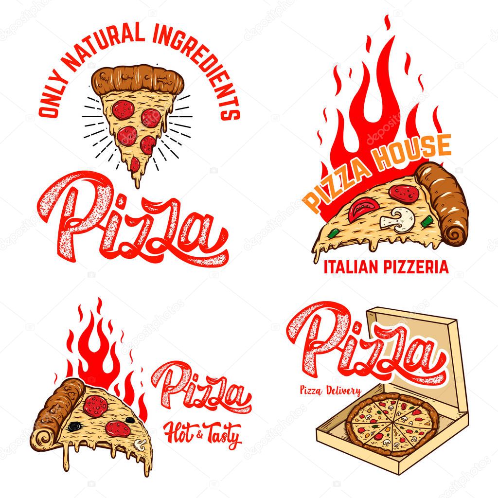 Set of poster template with pizza and fire . Design element for poster, banner, sign, emblem. Vector illustration