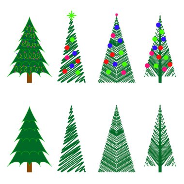 Beyaz arka planda izole edilmiş bir takım Noel ağacı simgeleri. Logo, etiket, işaret, afiş, poster için tasarım elemanı. Vektör illüstrasyonu