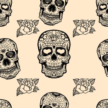 Meksika şekerli kafatasları ve güllerle kusursuz bir desen. Poster, kart, afiş, kıyafet dekorasyonu için tasarım elemanı. Vektör illüstrasyonu