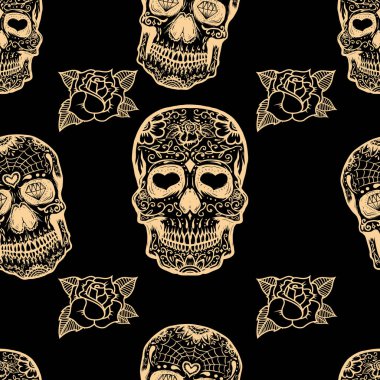 Meksika şekerli kafatasları ve güllerle kusursuz bir desen. Poster, kart, afiş, kıyafet dekorasyonu için tasarım elemanı. Vektör illüstrasyonu