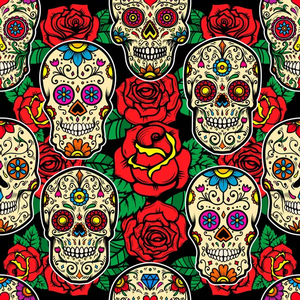 Bezešvé Vzory Mexickými Cukrovými Lebkami Růžemi Designový Prvek Pro Plakát — Stockový vektor