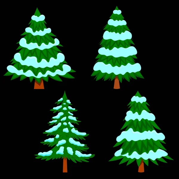 白い背景に隔離された漫画スタイルで雪と松の木のイラストのセット ポスター バナー カード エンブレムのデザイン要素 ベクターイラスト — ストックベクタ