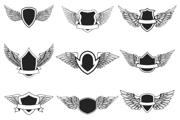 Conjunto Emblemas Vacíos Con Alas Aisladas Blanco Elemento Diseño Para — Vector de stock