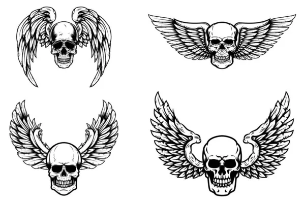 Set Winged Human Skull Isolated White Design Element Logo Label — Stock Vector