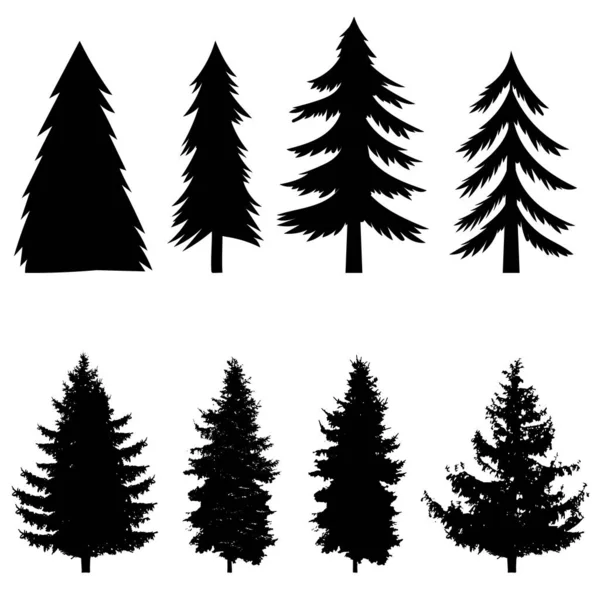 Set Silhouettes Pine Tree Isolated White Background Design Element Poster — Stock Vector