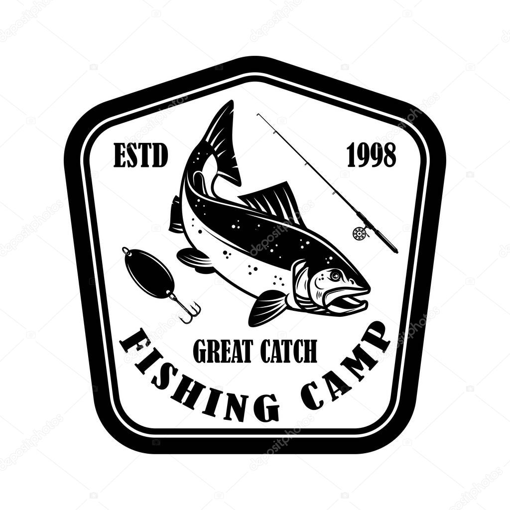Great catch. Fishing club. Emblem template with salmon fish. Design element for logo, label, sign, poster. Vector illustration
