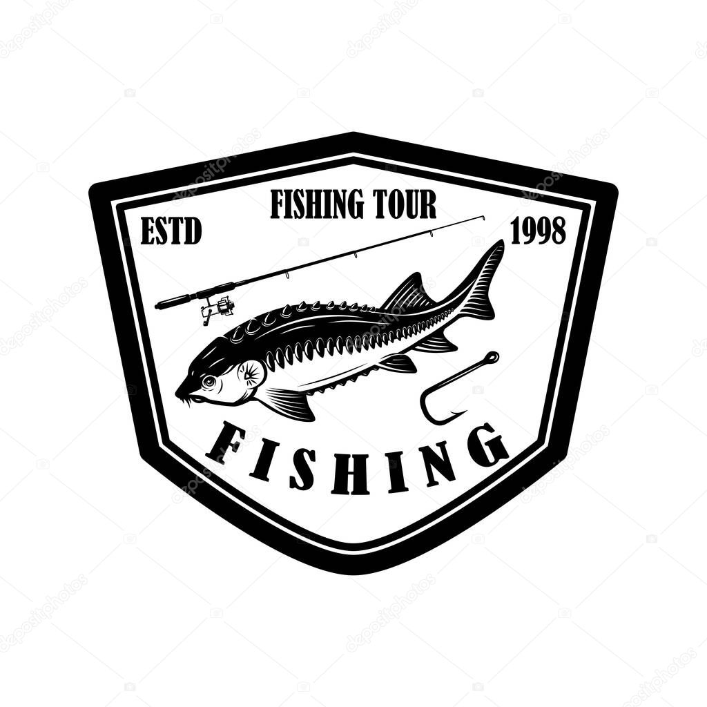 Fishing tour. Emblem template with sturgeon fish and fishing rod. Design element for logo, label, sign, poster. Vector illustration