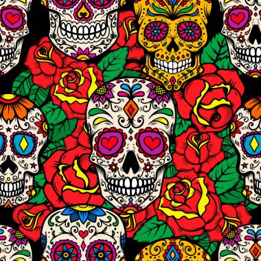 Meksika şekerli kafatasları ve güllerle kusursuz bir desen. Poster, kart, afiş, kıyafet dekorasyonu için tasarım elemanı. Vektör illüstrasyonu
