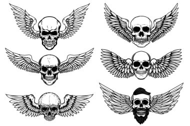 Beyaza izole edilmiş kanatlı insan kafatası seti. Logo, etiket, amblem ve imza için tasarım ögesi. Vektör illüstrasyonu