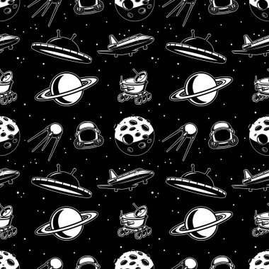 Uzay gemisi, uzay adamı ve UFO 'yla kusursuz bir düzen. Poster, kart, afiş ve el ilanları için tasarım elemanı. Vektör illüstrasyonu