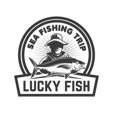  Lucky fish. Emblem template with fisherman with tuna. Design element for logo, label, sign, badge. Vector illustration