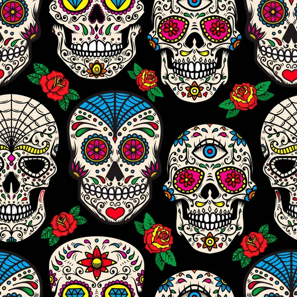 メキシコの砂糖の頭蓋骨とバラのシームレスなパターン ポスター カード バナー 服の装飾のためのデザイン要素 ベクターイラスト — ストックベクタ