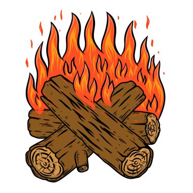 Beyaz arka planda izole edilmiş kamp ateşi tasviri. Poster, amblem, kart ve afiş için tasarım elemanı. Vektör illüstrasyonu