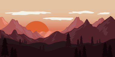 Vahşi dağ manzaralı poster şablonu. Pankart, el ilanı ve kart için tasarım elemanı. Vektör illüstrasyonu