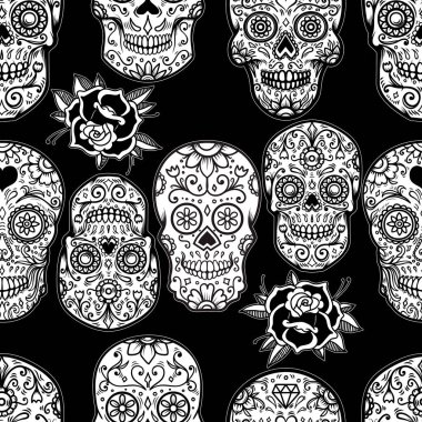 Meksika şekerli kafatasları ve güllerle kusursuz bir desen. Poster, kart, afiş, kıyafet dekorasyonu için tasarım elemanı. Vektör illüstrasyonu