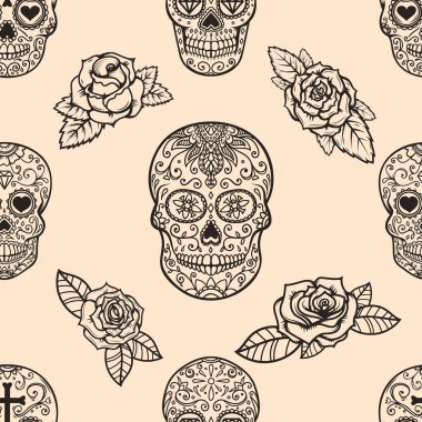 Meksika şekerli kafatasları ve güllerle kusursuz bir desen. Poster, kart, afiş, kıyafet dekorasyonu için tasarım elemanı. Vektör illüstrasyonu