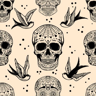 Meksika şekerli kafatasları ve güllerle kusursuz bir desen. Poster, kart, afiş, kıyafet dekorasyonu için tasarım elemanı. Vektör illüstrasyonu