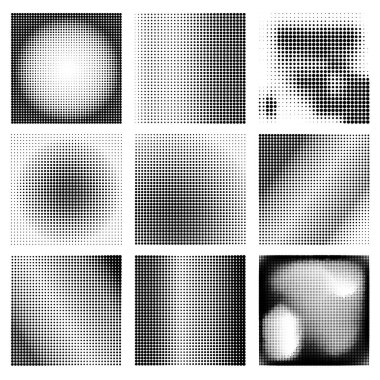 Yarım tonlu noktalardan oluşan arka planlar. Poster, kart, afiş ve el ilanları için tasarım elemanı. Vektör illüstrasyonu 