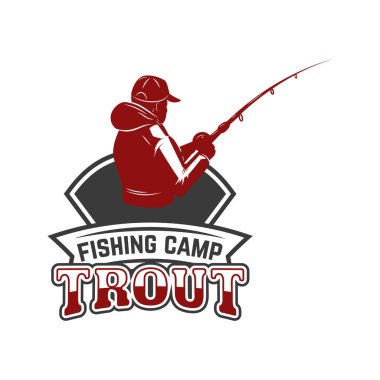 Alabalık. Balıkçı amblemi. Logo, etiket, işaret, poster için tasarım elemanı. Vektör illüstrasyonu