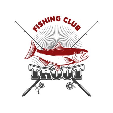 Alabalık avı. Alabalık balığıyla amblem şablonu. Logo, etiket, işaret, poster için tasarım elemanı. Vektör illüstrasyonu