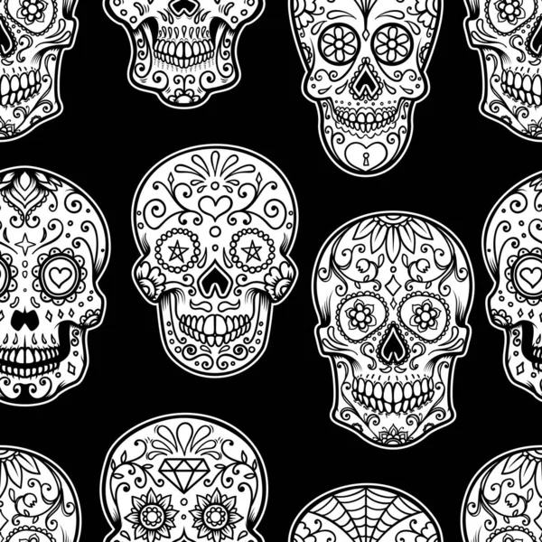 Patrón Sin Costuras Con Calaveras Azúcar Mexicanas Rosas Elemento Diseño — Vector de stock