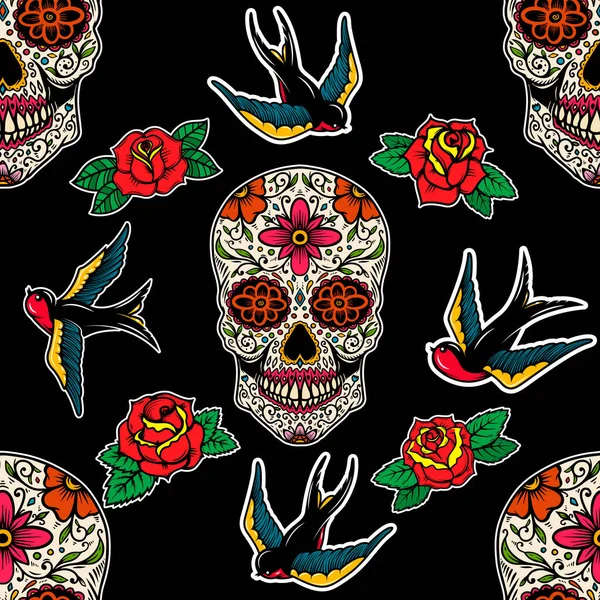 Zökkenőmentes Minta Mexikói Cukorkoponyákkal Rózsákkal Fecskékkel Tervezési Elem Plakát Kártya — Stock Vector