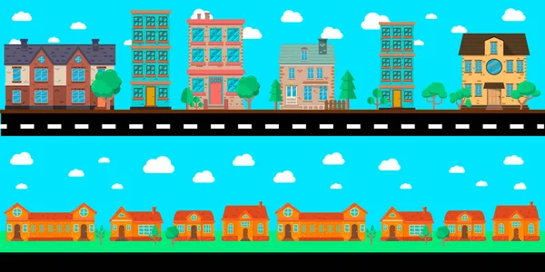 Binalar Ağaçlarla Dolu Karikatür Şehri Manzarası Poster Afiş Ilanı Animasyon — Stok Vektör