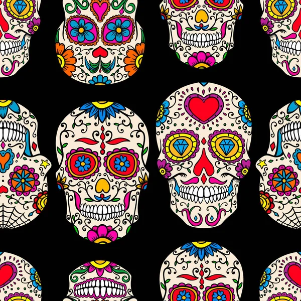 メキシコの砂糖の頭蓋骨とバラのシームレスなパターン ポスター カード バナー 服の装飾のためのデザイン要素 ベクターイラスト — ストックベクタ