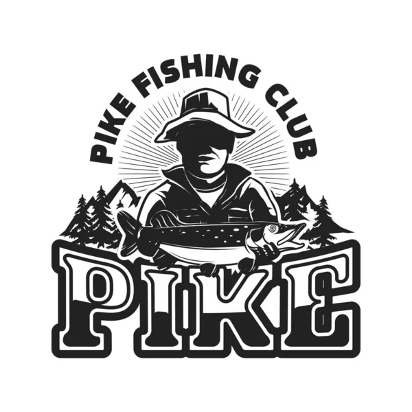 Рыбалка Щуки Шаблон Эмблемы Рыбаком Щукой Элемент Дизайна Логотипа Этикетки — стоковый вектор