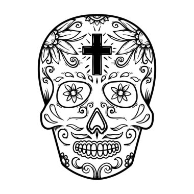 Meksika şeker kafatası tasviri. Poster, logo, etiket, tasarım için tasarım ögesi. Vektör illüstrasyonu