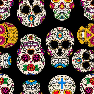 Meksika şekerli kafatasları ile kusursuz desen. Poster, kart, afiş, kıyafet dekorasyonu için tasarım elemanı. Vektör illüstrasyonu