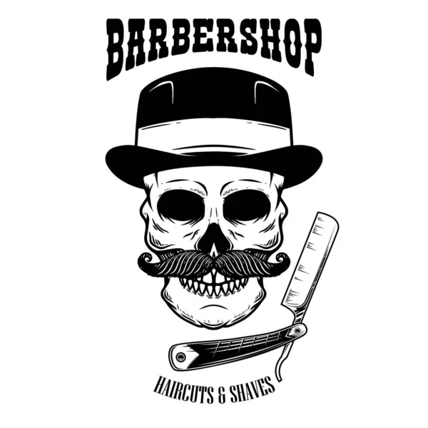 Plantilla Emblema Barbería Cráneo Con Bigote Sombrero Vintage Navaja Barbero — Vector de stock
