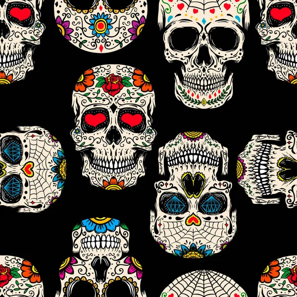 メキシコの砂糖の頭蓋骨とシームレスなパターン ポスター カード バナー 服の装飾のためのデザイン要素 ベクターイラスト — ストックベクタ