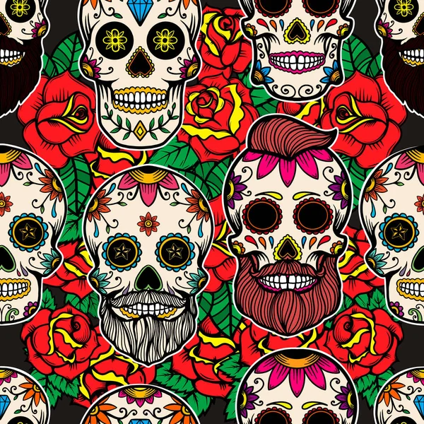 Seamless Pattern Mexican Sugar Skulls Roses Design Element Poster Card — Stock Vector
