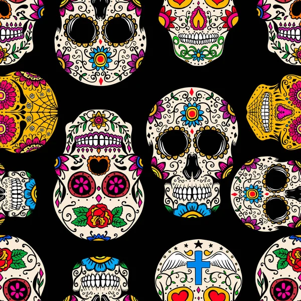 メキシコの砂糖の頭蓋骨とシームレスなパターン ポスター カード バナー 服の装飾のためのデザイン要素 ベクターイラスト — ストックベクタ