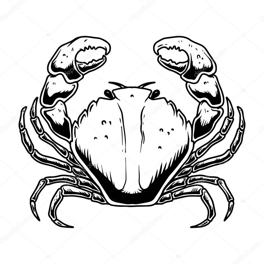 Illustration of the crab in engraving style isolated on white background. Design element for poster, card, emblem, banner, logo. Vector illustration