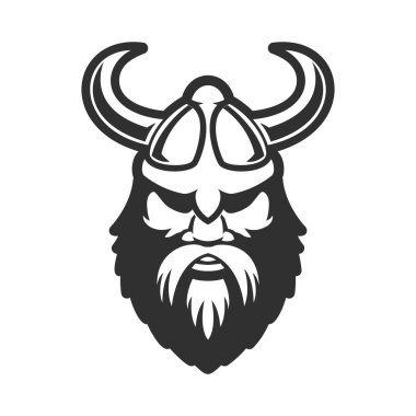 Boynuzlu miğferli Viking kafası. Poster, kart, pankart, imza için tasarım elemanı. Vektör illüstrasyonu