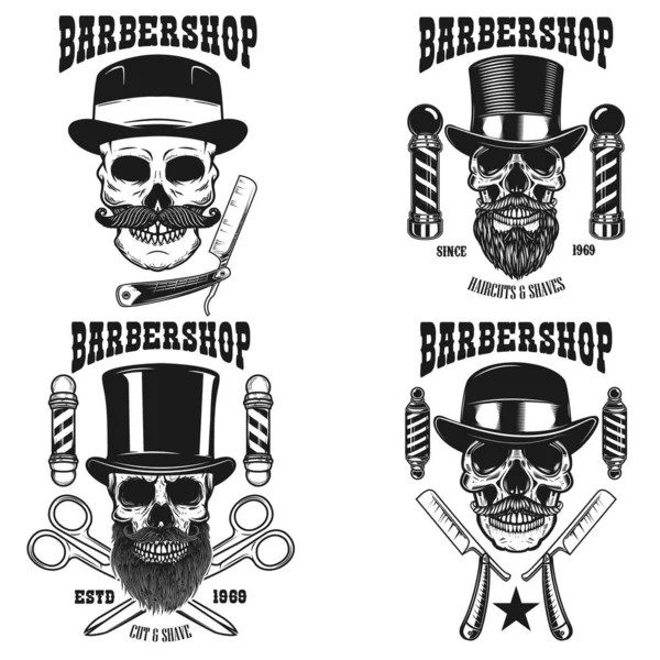 Conjunto Plantilla Emblema Barbería Cráneo Con Bigote Sombrero Vintage Navaja — Vector de stock