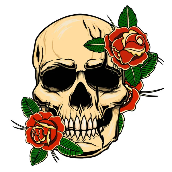 用玫瑰装饰古老的人类头骨的图解 标志的设计元素 矢量说明 — 图库矢量图片