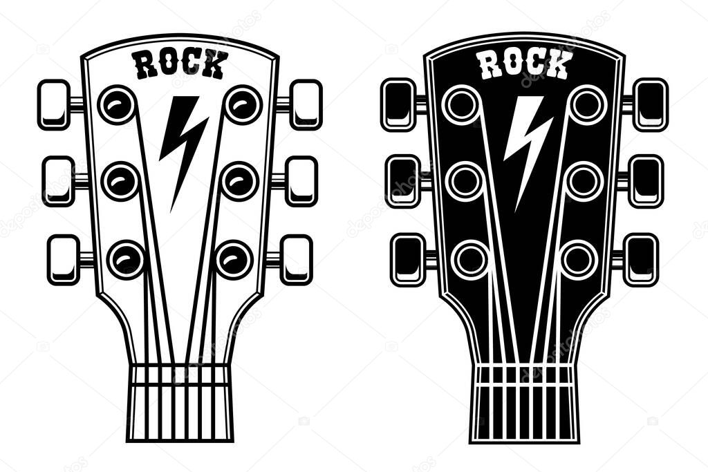 Illustration of guitar head isolated on white background. Design element for poster, card, banner, sign. Vector illustration