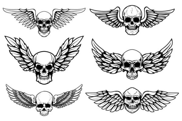 Beyaz arka planda izole edilmiş kanatlı kafatası çizimleri. Poster, kart, pankart, imza için tasarım elemanı. Vektör illüstrasyonu