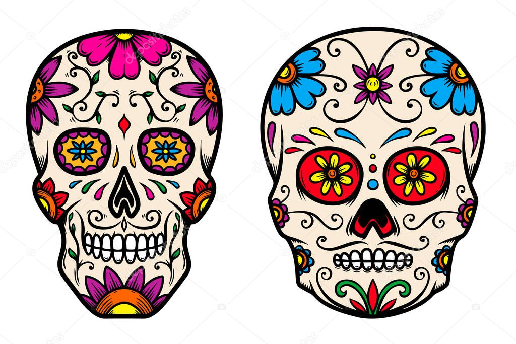 Set of vintage mexican sugar skull isolated on white background. Design element for logo, label, sign, poster. Vector illustration