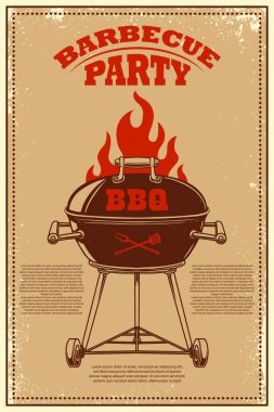 Barbekü partisi. bbq ızgaralı poster şablonu. Kart, el ilanı, afiş, amblem için tasarım ögesi. Vektör illüstrasyonu