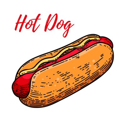 İşleme tarzında sosisli tasviri. Logo, etiket, amblem, işaret, rozet tasarımı. Vektör illüstrasyonu 