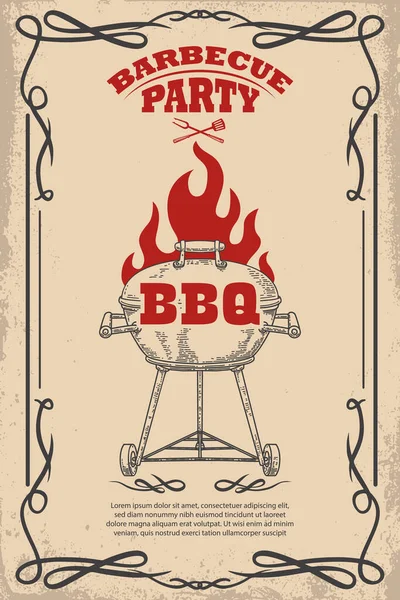 Barbekü partisi. bbq ızgaralı poster şablonu. Kart, el ilanı, afiş, amblem için tasarım ögesi. Vektör illüstrasyonu