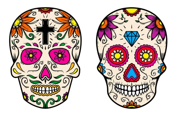 Set Vintage Mexican Sugar Skull Isolated White Background Design Element — Stock Vector