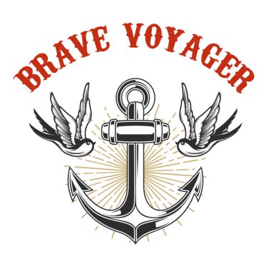 Gravür tarzında kırlangıçların olduğu klasik bir sunucu tasviri. Logo, etiket, tabela, poster ve tişört için tasarım elemanı. Vektör illüstrasyonu