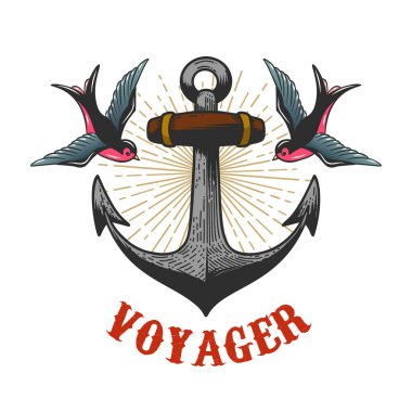 Gravür tarzında kırlangıçların olduğu klasik bir sunucu tasviri. Logo, etiket, tabela, poster ve tişört için tasarım elemanı. Vektör illüstrasyonu